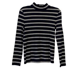 Talbots Womens Top L Long Sleeve Striped Mock Neck‎ Ribbed Knit Navy Blue Casual